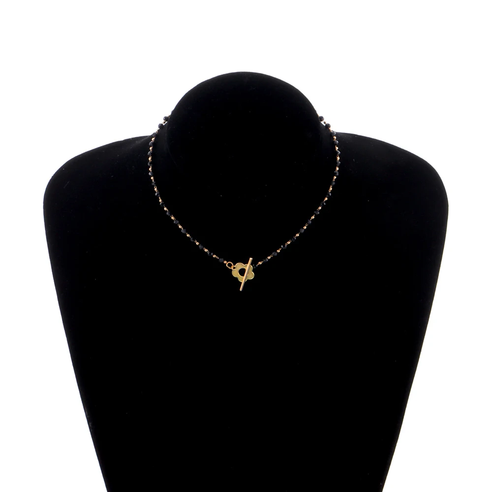 Women Black Crystal Beads Choker Necklace With Gold Flower Detail