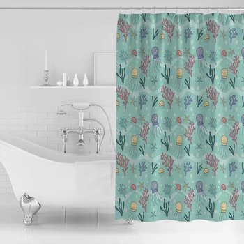 

2020 New Marine Jellyfish Bathroom Shower Curtain Waterproof Polyester Fabric Shower Curtains &12 Hooks