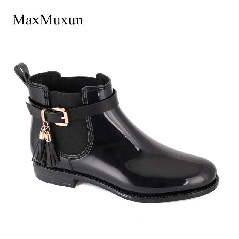 Black-tassel MaxMuxun/женские резиновые ботильоны; непромокаемые сапоги с Черной Бахромой; повседневные Зимние ботиночки; Женская водонепроницаемая обувь без застежки на массивном каблуке - Цвет: Black-tassel