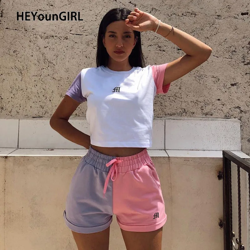 HEYounGIRL Casual Patchowrk Two Pieces Tracksuit Women Summer Crop Top and Sweat Shorts Outfits Ladies Letter Print Matching Set HEYounGIRL Casual Patchowrk Two Pieces Tracksuit Women Summer Crop Top and Sweat Shorts Outfits Ladies Letter Print Matching Set