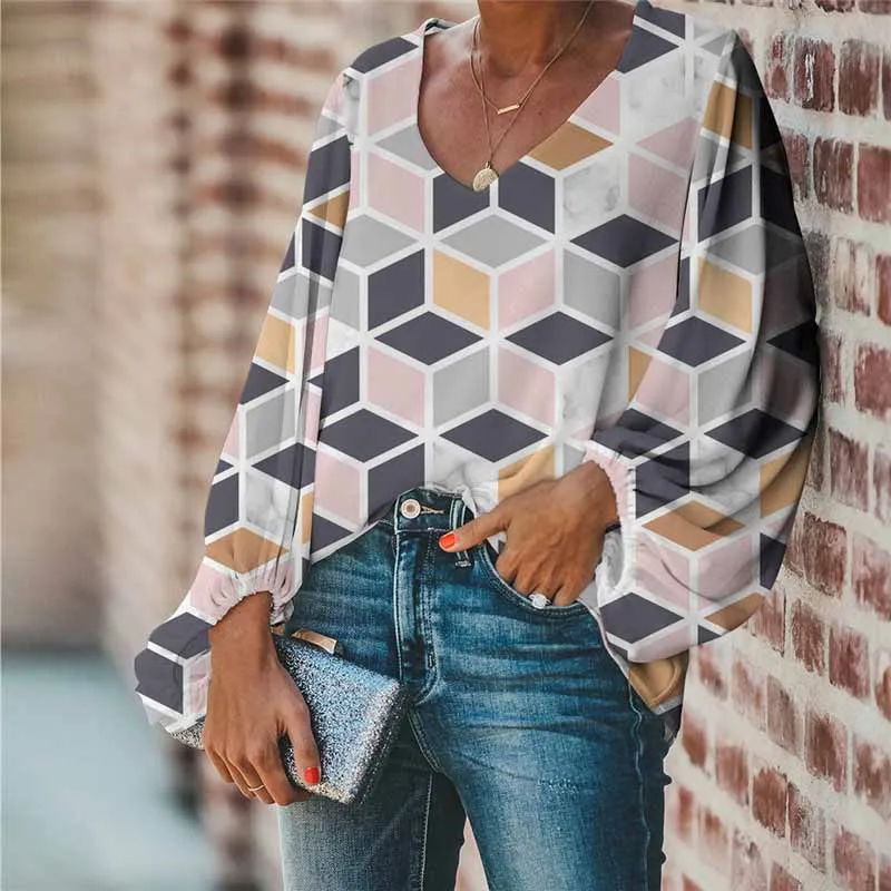 

WHEREISART Polyhedron Rubik Cube Triangle Print Creative Women Blouse comfortable Chiffon Ladies Tops Loose Plus Size Clothing
