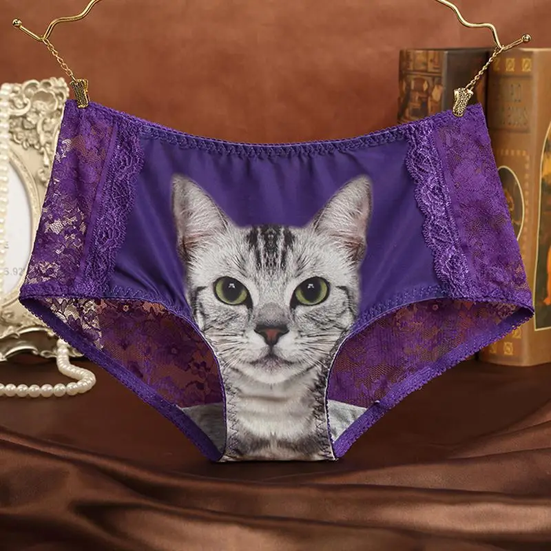 DSstyles, 1 шт., женские кружевные треугольные кальсоны с рисунком 4D Cat, сексуальные трусы со средней посадкой, хлопок, соблазнительное кружево, трусы