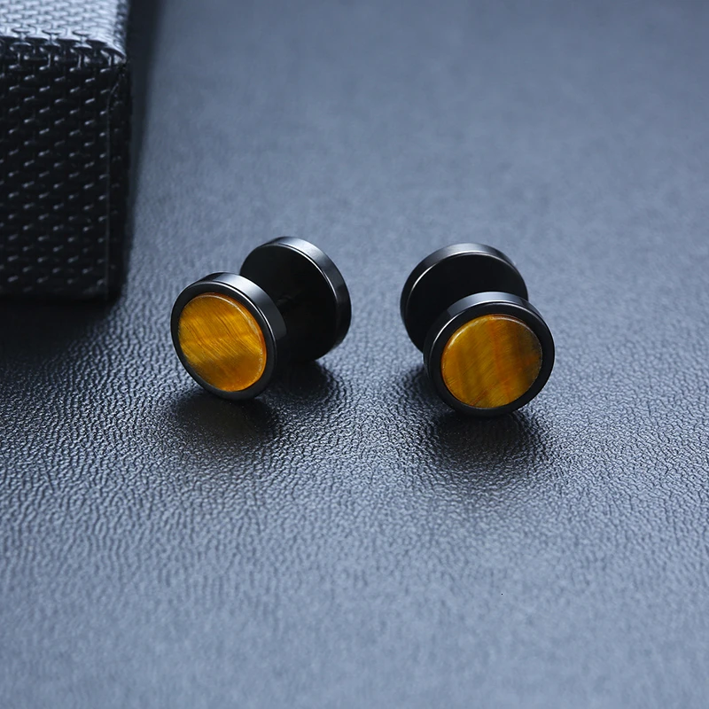 Men's Retro Tiger Eye Stone Stainless Steel Barbell Earrings (Pair)