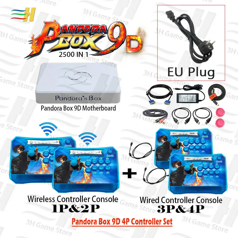 Pandora Box 9D 4 игрока контроллер Набор беспроводной 1P& 2P и проводной 3P& 4 P бой аркадная палка консоль 2500 В 1 есть 3d игры tekken - Цвет: 4P 2blue 2blue EU