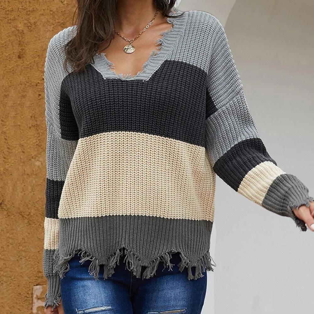 

Women Chic Knitted Sweater 2019 New Fashion Autumn Gray Color Striped Patchwork V Neck Causal Tops Loose Knitwear Pollovers