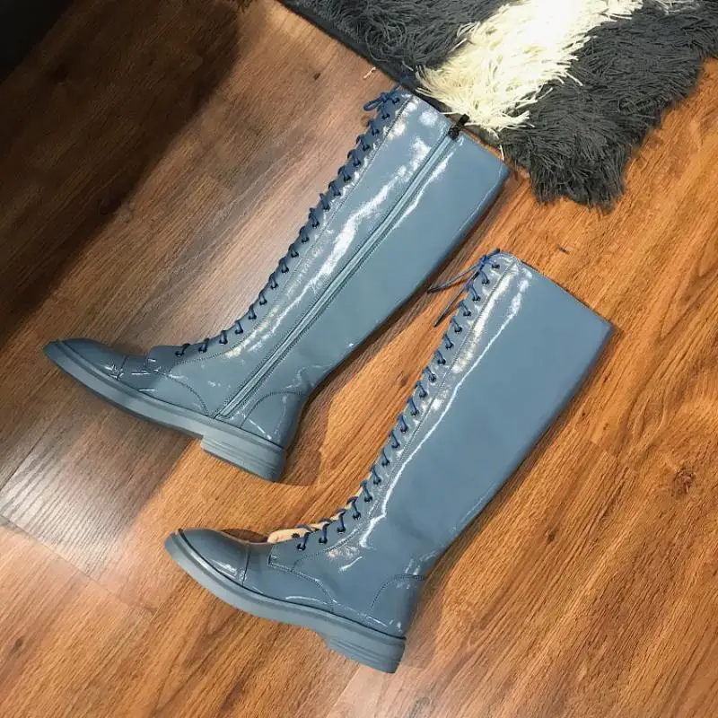blue plush in Buono Scarpe/женские высокие ботинки на шнуровке с круглым носком; женские белые ботинки из лакированной натуральной кожи; повседневные кожаные ботинки; Botas Mujer chaussures femme - Цвет: blue plush in