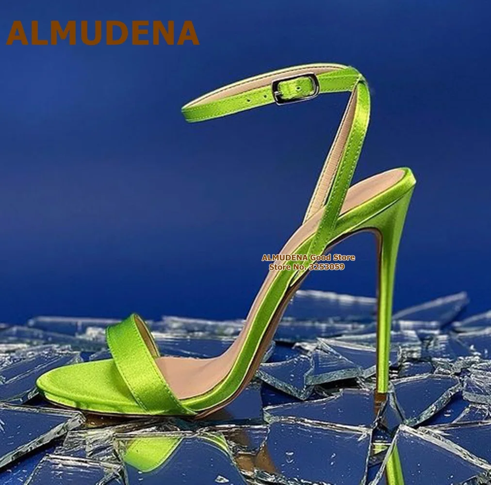 

ALMUDENA Thin High Heels Satin Cloth Sandals Ankle Buckle Single Strap Banquet Shoes Concise Nice Gladiator Pumps Size46