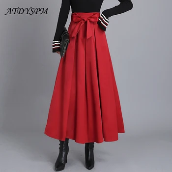 

Elegant Women Skirts New 2020 Vintage A-Line Midi Skirts High Waist Bow Women Skirt Female Pleated Big Swing Skirts
