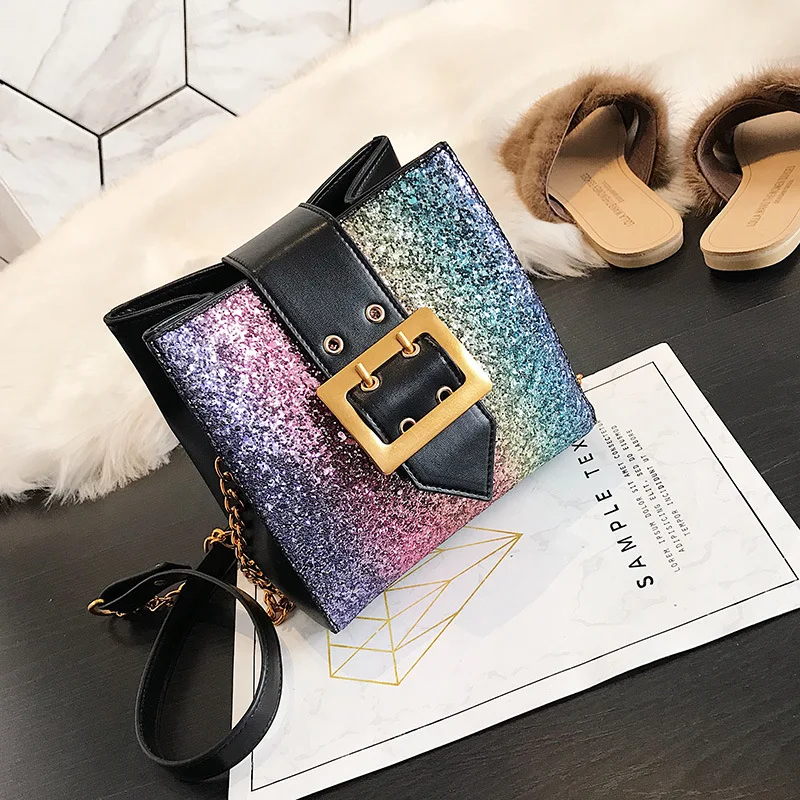 

2018 New Style Rainbow Sequin Bucket Bag Leather Belt Chain Fashion Shoulder Oblique Handbag