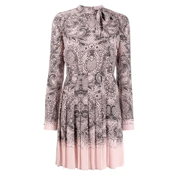

New celebrities fei show thin pink tall waist bowknot lace collar printed silk dress is female
