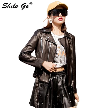 

Genuine Leather Jacket Highstreet Moto Minimalist Notched Neck Sheepskin Coat Women Autumn Winter Casual Zip Outwear Female