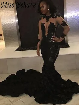 

DD JYOY Black Evening Dress Mermaid 3D Lace Long Formal Dress Evening Gown Sexy Illusion Body Long Train