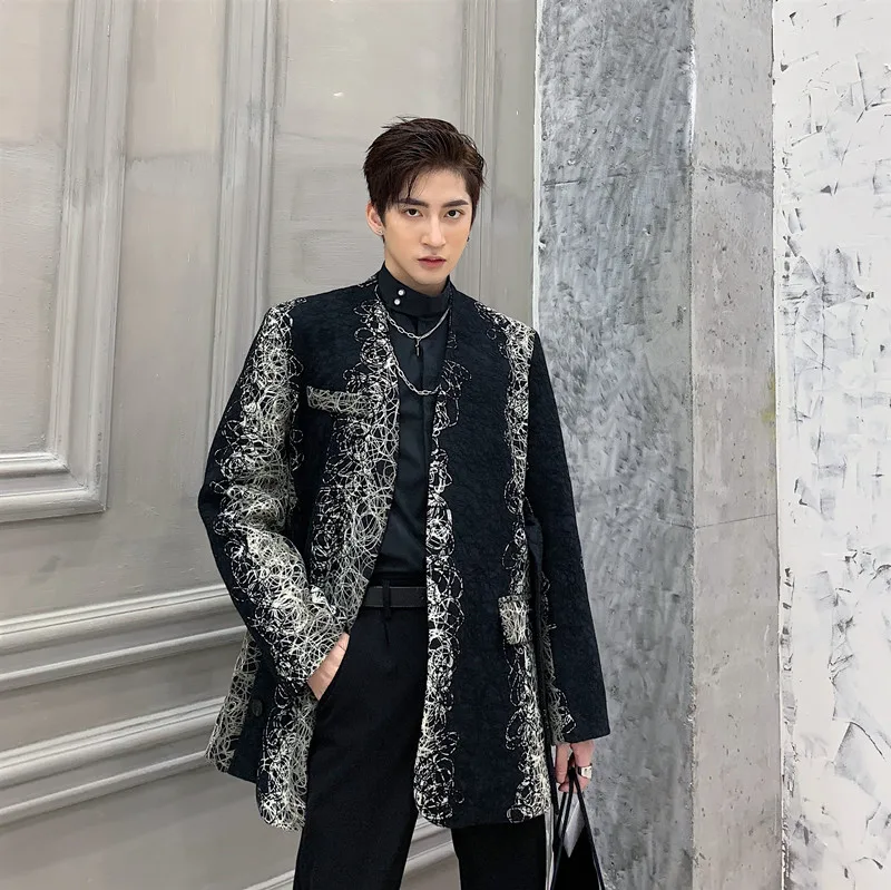 Men Vintage Fashion Wool No Button Belt Casual Suit Coat Male Blazer Jacket Spring Autumn Clothing