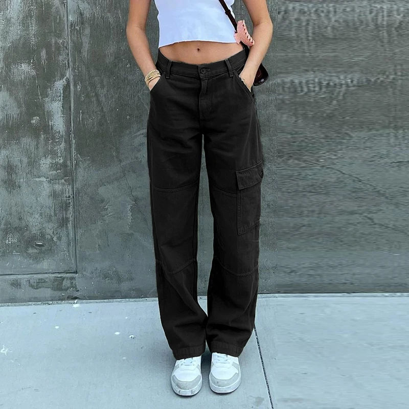 Roslight Green Vintage Baggy Jeans Women Pockets Wide Leg Cargo Pants Streetwear Casual Low Waist Denim Straight Trousers 2021 |
