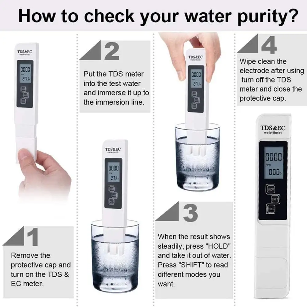 Water Tester Digital Water Quality TDS EC Meter Range 0-9990 Multifunctional Purity Temperature TEMP PPM Tester