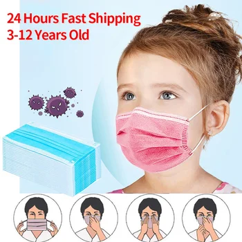 

Children Face Masks 3 Layer Elastic Mouth Mask Anti-Flu Kids Disposable Mask Soft Breathable PM2.5 Nonwoven Blue Pink Boys Girls