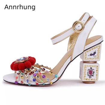 

Red Pompoms Flower Decor Party Shoes Woman Printed Square High Heel Plaited Narrow Band Bling Sequins Rhinestone Sandals Women