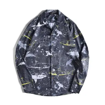 

Mens Hawaiian Shirt 2019 Graffiti whale Print Loose Long Sleeve Oversize Sunscreen shirt camisa masculina Male chemise homme