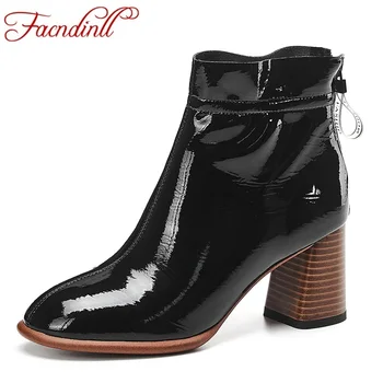 

FACNDINLL women boots 2019 new fashion patent leather high heels zipper black wine red shoes woman autumn winter ankle boots