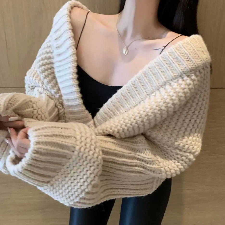 Lazy style, женский кардиган, длинный рукав, кавайный, два кармана, v-образный вырез, свитер, Осень-зима, толстый, массивная пряжа, вязаный кардиган, пальто