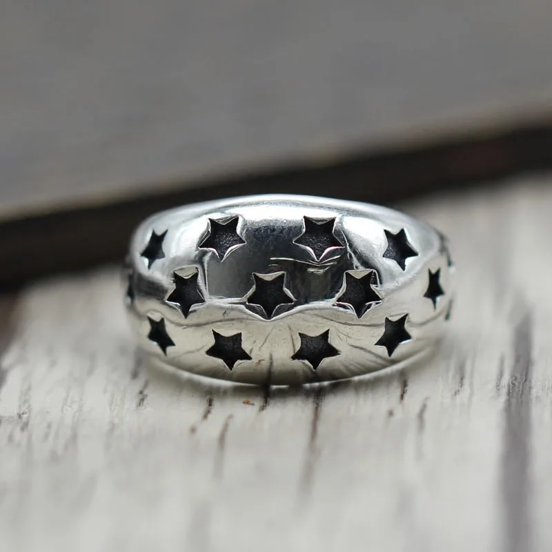 

S925 Sterling Silver Jewelry Personalized Tide Full Stars Closed Men Women Ring Ring Retro Punk Wind Thai Silver Ring