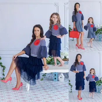 

Family Stripe T-shirt Mother and Daughter Matching Bell Sleeve Outfits Clothes