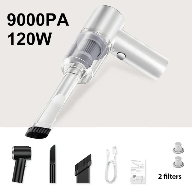 9000pa Car Vacuum Cleaner Mini Gun style Cleaner Cordless 120W Handheld Portable Vacuum Cleaner For Auto Interior Home appliance white-2 filters