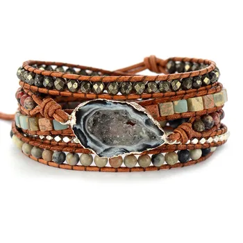 Leather Bracelets Handmade Natural Stones Drusy Charm Multilayers Wrap Bracelets Handmade Boho Bracelets Gifts