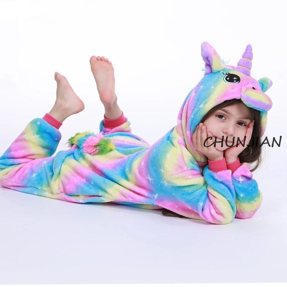 2020 Winter Flannel Toddler Girls Warm Pajamas Boys Animal Cosplay Costume Pijamas Rainbow Unicorn Pyjamas Kids for 4-12 Years