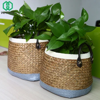 

1Pc Storage Basket with Handle Natural Seagrass Laundry Straw Patchwork Wicker Rattan Garden Flowerpot Planter Hamper Basket