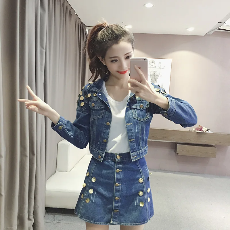 

Photo Shoot Early Autumn Handmade String Long Sleeve Jeans Coat + High Waist Skirt Two-Piece Set Women's