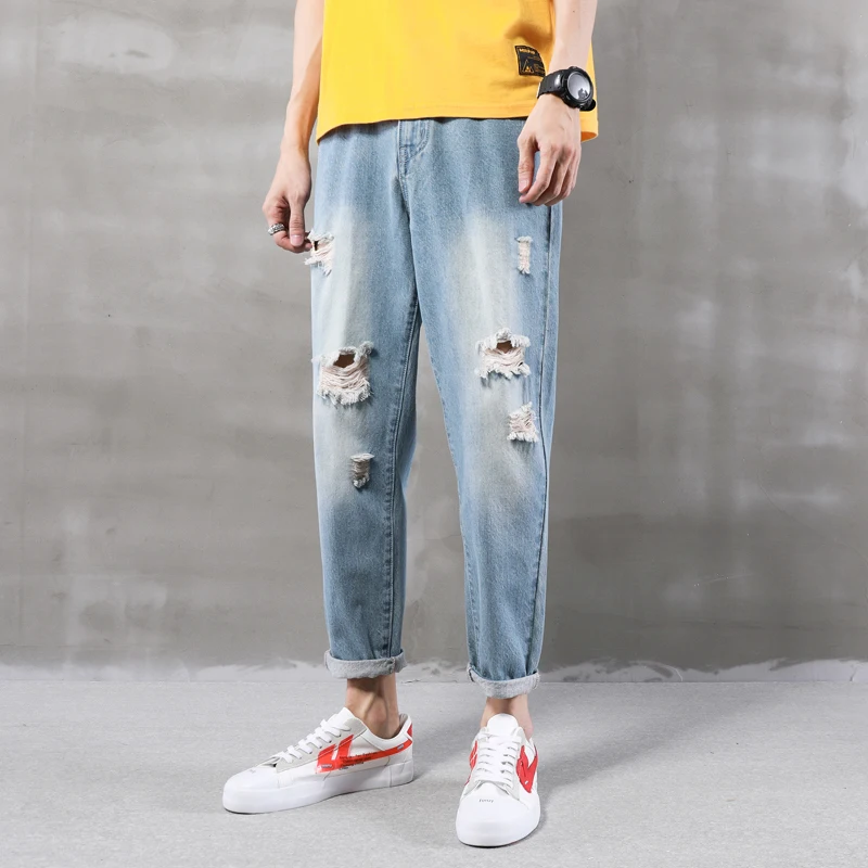

Hole Jeans Men's Slim Fashion Washed Solid Color Casual Jean Pants Men Streetwear Wild Hip Hop Denim Trousers Mens Large Size