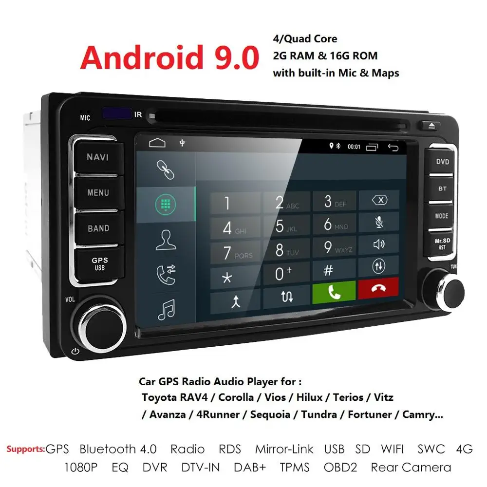 Excellent 6.2"800*480 QuadCore Android 9.0 Car DVD Player for Toyota Prado 120 Land Cruiser 2004-2009 Car Radio Stereo Bluetooth DVR 2GRAM 4