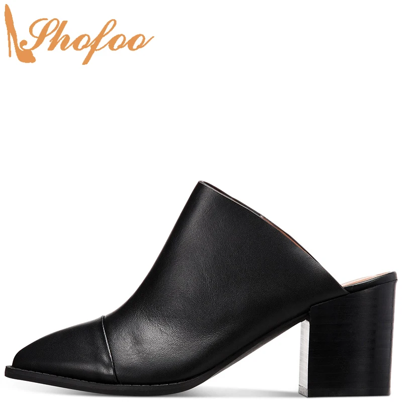 

Black Mules Pumps High Chunky Heels Women Pointed Toe Slip On Ladies Summer Fashion Office Mature Shoes Large Size 15 16 Shofoo