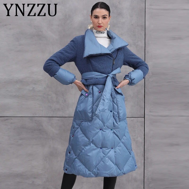 YNZZU 2019 новая зимняя коллекция Элегантный женский пуховик длинный синий мех