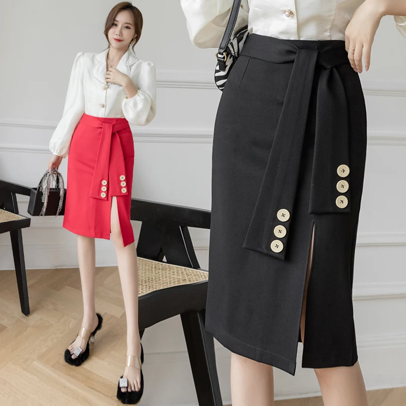 REALEFT-faldas entalladas de estilo Formal para mujer, faldas entalladas por debajo de la rodilla, con botones, cintura alta, - AliExpress de mujer