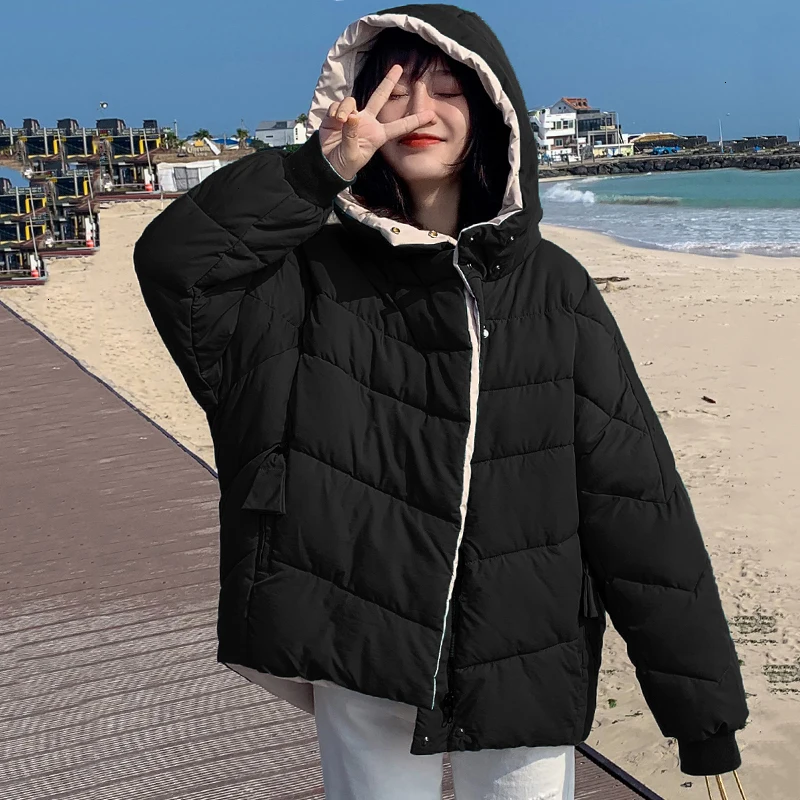 Двусторонняя зимняя женская куртка 2019 с капюшоном, однотонное свободное Женское пальто, Короткая Стильная парка