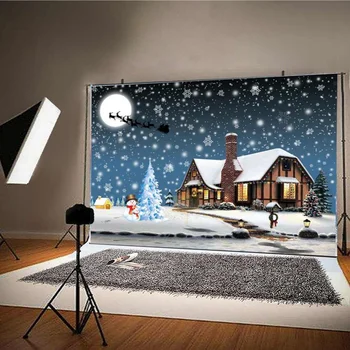 

Photography Background Blue Vinyl Waterproof Christmas Snowflake house Snowman Elk cart Backdrop For Photo Studio Party Decor