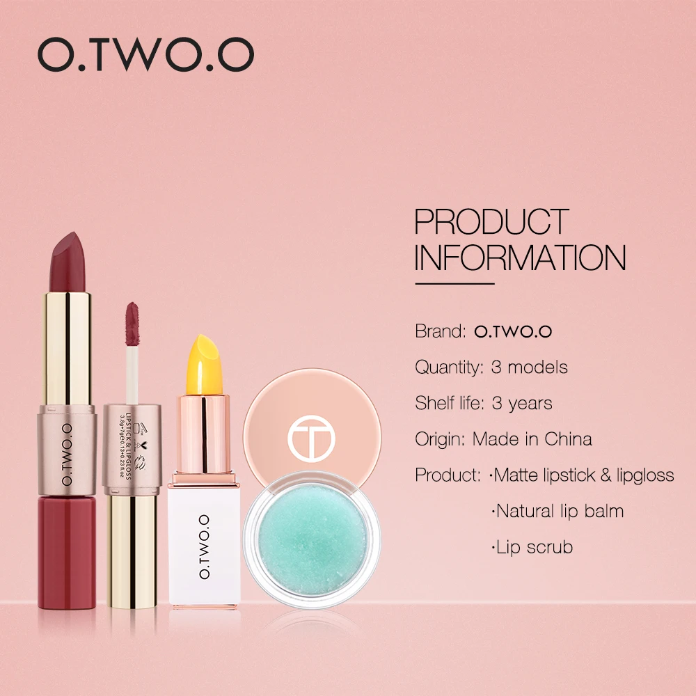 O.TWO.O 3pcs Lip Kit With Lip Scrub+ Lip Balm+ 2 In 1 Matte Lipstick& Lipgloss Remove Dead Skin Lips Care Makeup Set