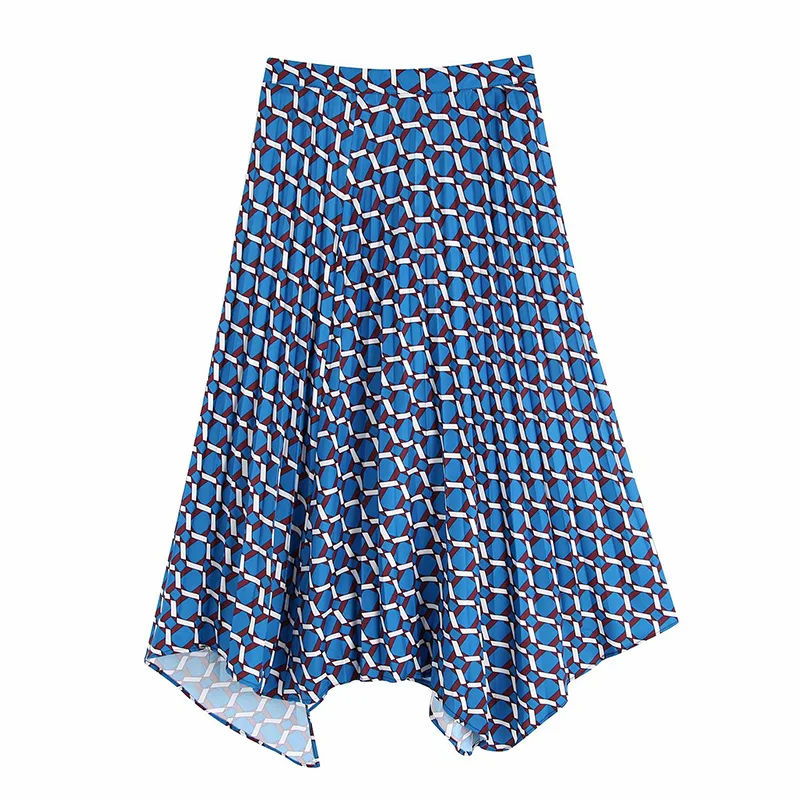 Асимметричный Подол геометрический принт плиссированная Эластичная Высокая талия Женская Повседневная модная синяя юбка с разрезом сбоку
