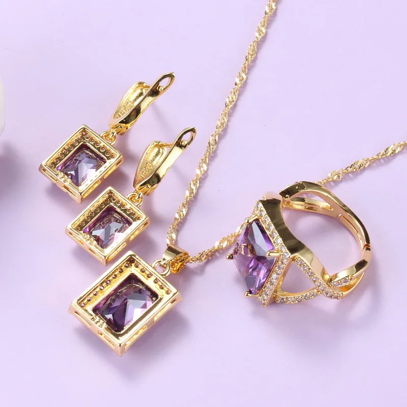 Mexican Jewelry Sets Gold-Color Romantic Wedding Bridal Accessories Purple Crystal Necklace And Earrings Bracelet Sets, bridal jewelry sets,crystal jewelry sets