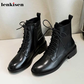 

Lenkisen genuine leather gentle simple style leisure med heels round toe lace up zipper winter keep warm women ankle boots L12