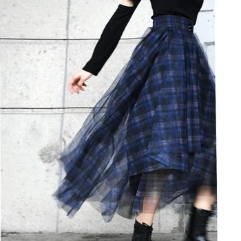 

2020 Women Spring Autumn New Street Style Blue Plaid Mesh Skirt Temperament Slim High Waist Irregular Midi Skirt Fashion Tide