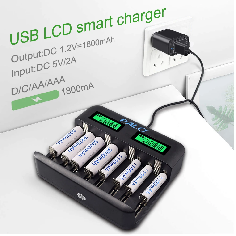 PALO LCD display Smart USB AA AAA battery Charger for AA AAA C D battery+1.2V Ni-MH 3000mah AA&1100mah AAA rechargeable battery