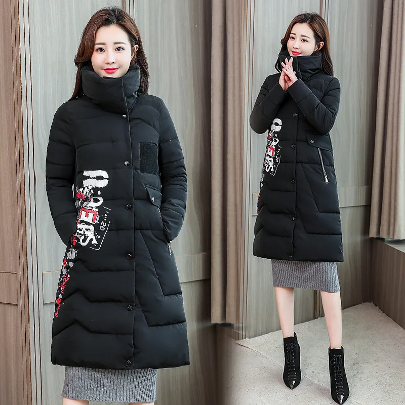 

2018 Winter New Products Korean-style Elegant Retro Stand Collar Mid-length Lettered Hidden Button Brand WOMEN'S Cotton-padded C