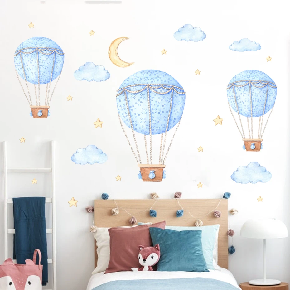 Colorful Hot Air Balloon Wall Stickers Balloon Cloud Stars Decals For Kids Rooms 