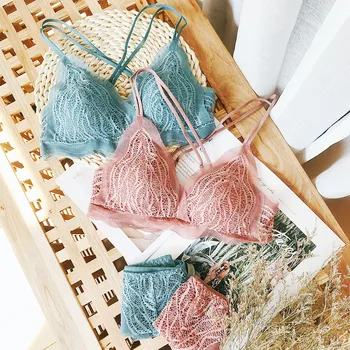 

Wriufred Triangle cup lace underwear female gathered wire free bra set student girl bras thin double shoulder strap lingerie