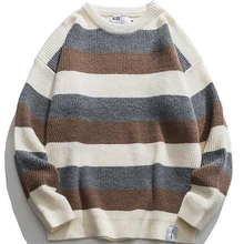 Men Vintage Stripe Sweater Japanese Hip Hop Harajuku Couples Pullover Knitwear Loose Fashion Casual 2021 Winter New Sweater Tops