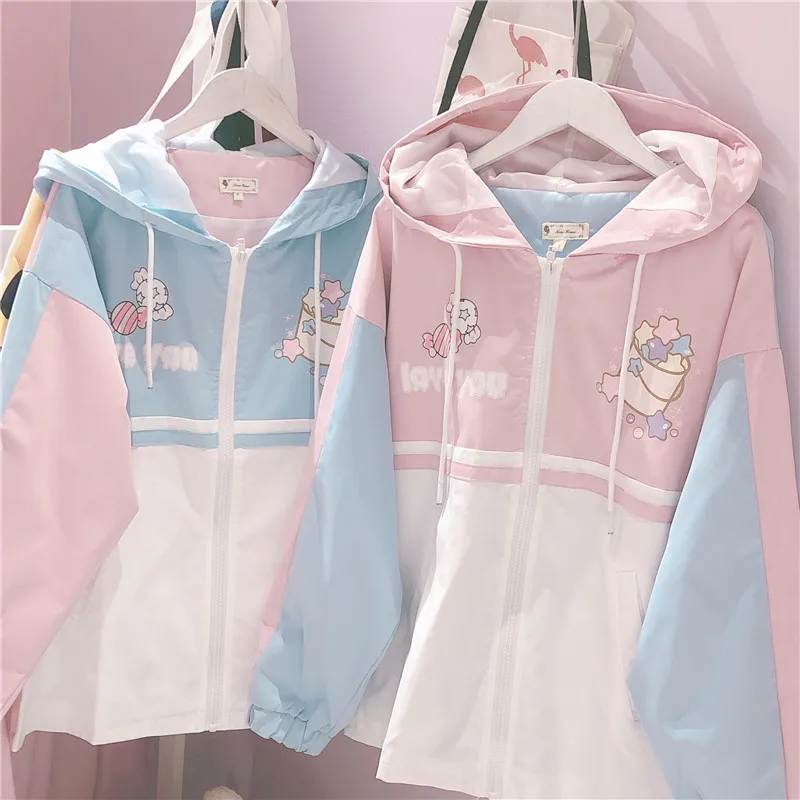 Harajuku Mori Girl Лоскутная Свободная куртка на молнии с мультяшным принтом осеннее