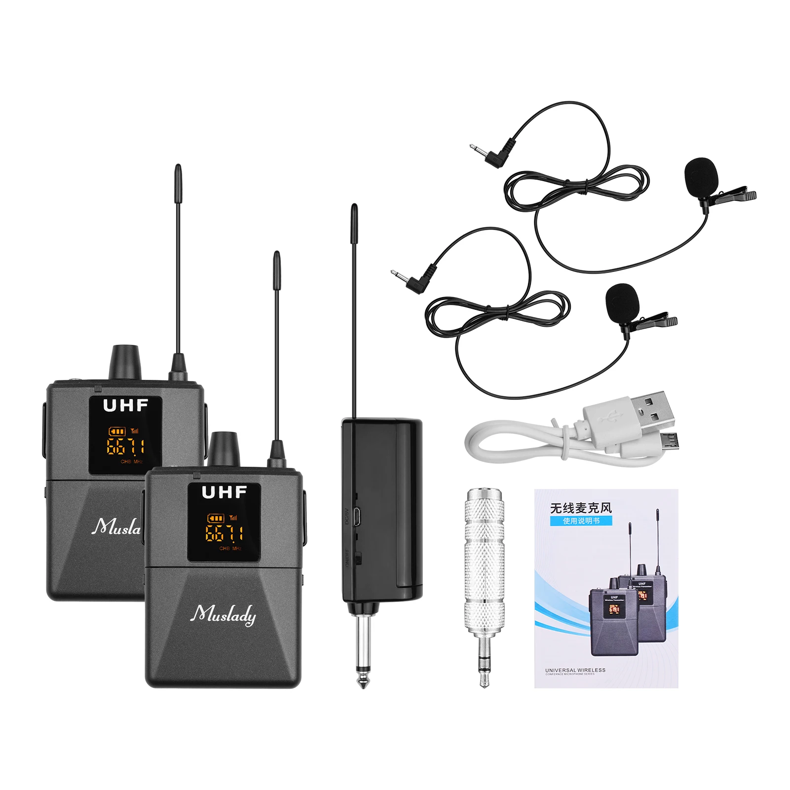 

Muslady UHF Wireless Microphone System with Lavalier Microphone Transmitter and Receiver 6.35mm Plug with 3.5mm Adapter